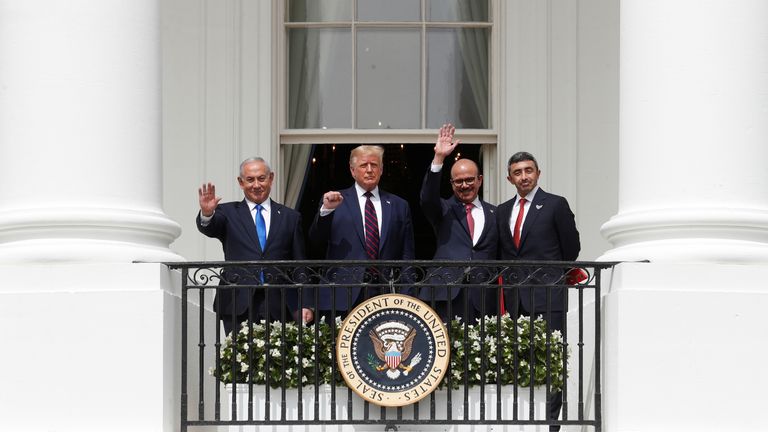 With the leaders from Israel (left), UAE (second right), and Morocco (right) at the White House in 2020. Pic: Reuters