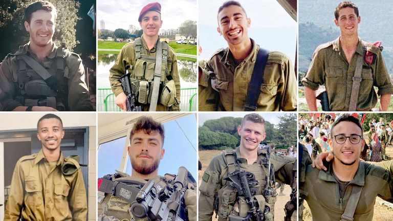 (ve směru hodinových ručiček) Kapitán Harel Ettinger, major Nezer Itkin, kapitán Itai Ariel Giat, major Noam Barzila, major Or Mansour, kapitán Eitan Itzhak Oster, seržant Ido Breuer a seržant Alamkan Tarfa.  Snímek: IDF