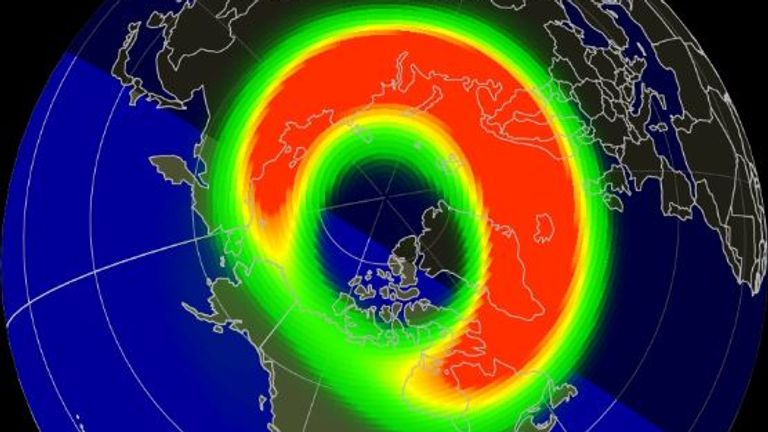 Předpověď americké polární záře NOAA ve čtvrtek kolem 20:30. Obr: NOAA Space Weather Prediction Center