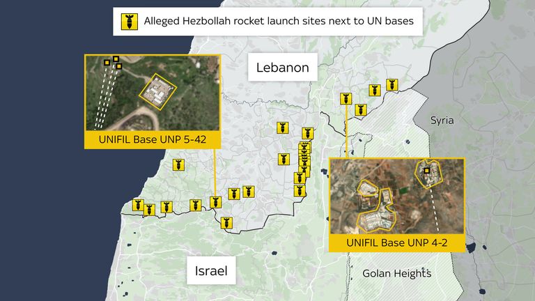 Údajná umístění odpalovacích míst raket Hizballáhu poblíž základen UNIFIL, podle IDF