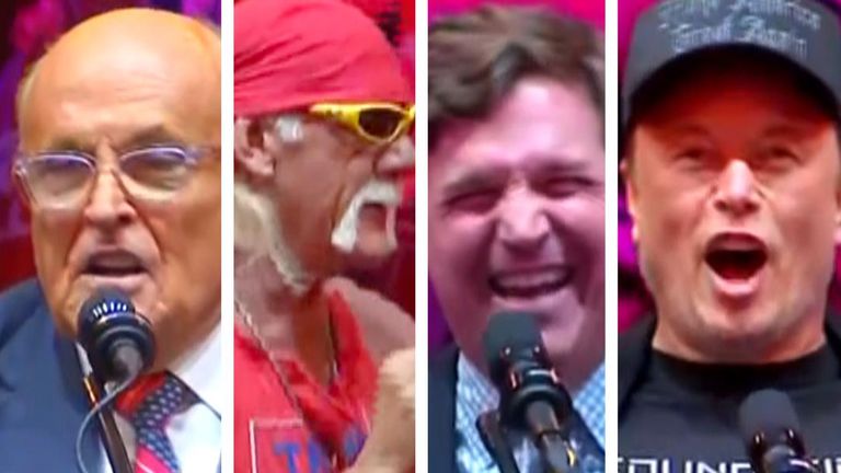 Rudy Giuliani, Hulk Hogan, Tucker Carlson a Elon Musk zahřívají dav na shromáždění Donalda Trumpa v Madison Square Garden