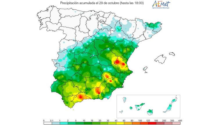 Mapa španělské meteorologické služby AEMET, která ukazuje intenzitu deště v různých částech země v úterý. Obrázek: AEMET