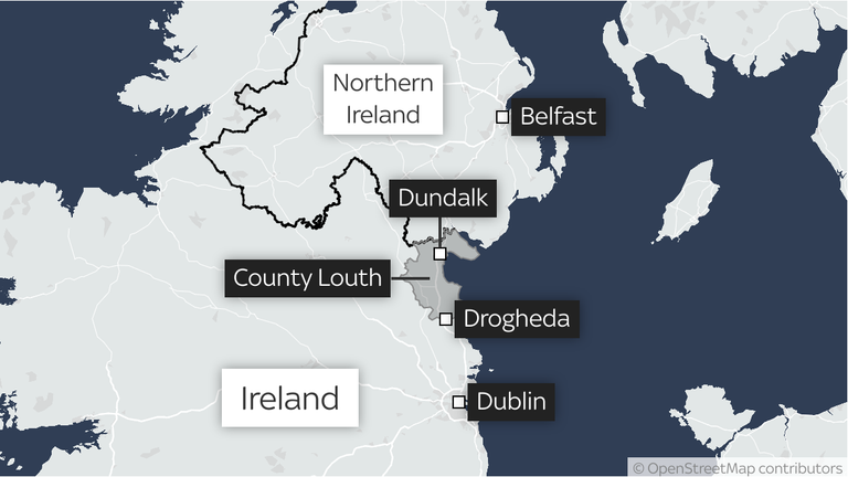 Mapa ukazující umístění Drogheda a Dundalk, County Louth