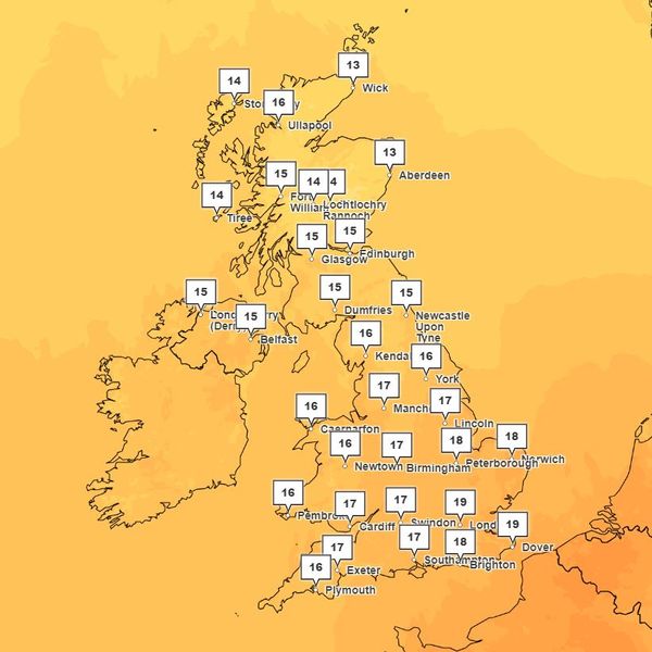 Aktuální předpověď počasí na středu odpoledne - i když v některých regionech může být ještě tepleji. Obrázek: Met Office