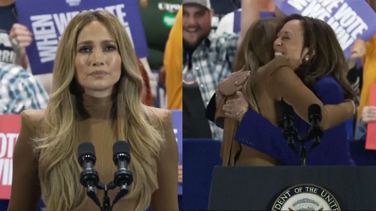 Jennifer Lopez speaks at a Kamala Harris rally and makes a jibe at the comedian who called Puerto Rico a "floating island of garbage" at Trump's New York rally.