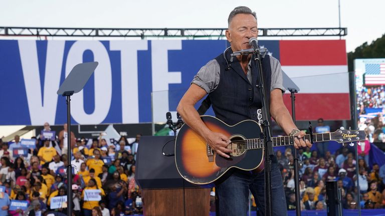 Bruce Springsteen performs during a rally for Democratic presidential nominee U.S. Vice President Kamala Harris