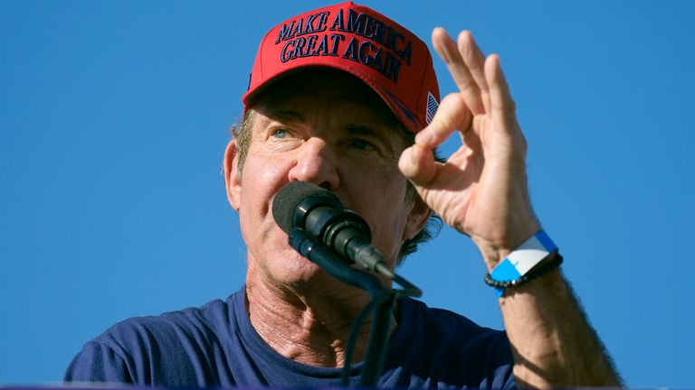 Dennis Quaid speaks at a campaign rally for Republican presidential nominee former President Donald Trump at the Calhoun Ranch, Saturday, Oct. 12, 2024, in Coachella, Calif. (AP Photo/Alex Brandon)