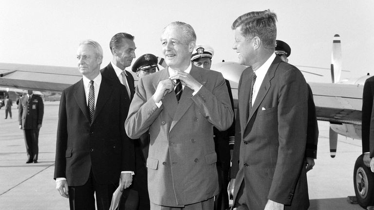 Harold Macmillan John F. Kennedy at Andrews Air Force Base.
Pic AP