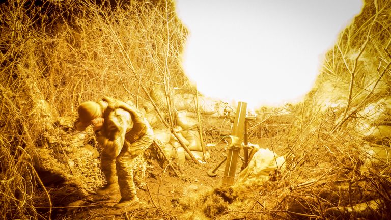 In this photo provided by Ukraine's 24th Mechanised Brigade press service, servicemen of the 24th Mechanised Brigade fire 120mm mortar towards Russian positions near Chasiv Yar town, in Donetsk region, Ukraine, Tuesday, Nov. 19, 2024. (Oleg Petrasiuk/Ukrainian 24th Mechanised Brigade via AP) Submission Date:	Nov 21, 2024 08:12 (GMT)