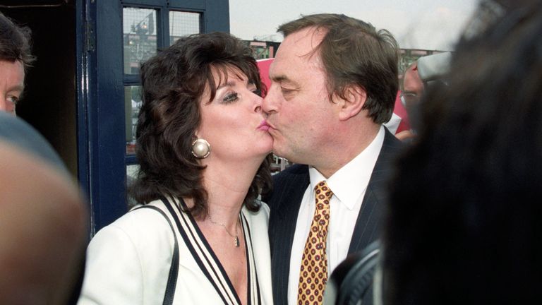 JOHN PRESCOTT RECEIVES A KISS FROM HIS WIFE PAULINE DURING CELEBRATIONS FOLLOWING ANNOUNCEMENT OF HIS NEW POST AS DEPUTY LEADER OF THE LABOUR PARTY.