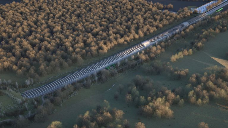 Nedatovaný obrázek umělce vydaný HS2 na ochranu proti netopýrům Sheephouse Wood, který bude probíhat asi jeden kilometr (0,6 míle) podél dřeva a vytvoří bariéru umožňující netopýrům překročit vysokorychlostní železnici HS2, aniž by je ovlivnily projíždějící vlaky . Datum vydání: čtvrtek 7. listopadu 2024.