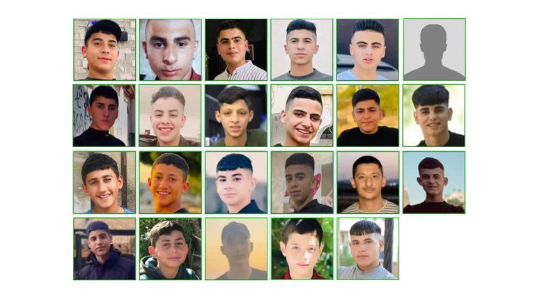 Kompilace obrázku 7 ze 7 – ilustrující 168 Palestinců mladších 18 let, kteří přišli o život během izraelských útoků od 7. října 2023. Fíky podle DCI Palestine a Save the Children.