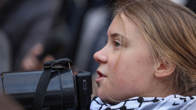 Švédská ekologická aktivistka Greta Thunberg se účastní protestu před kancelářskou budovou OSN v Jerevanu v Arménii, 15. listopadu 2024. Vahram Baghdasaryan/Photolure přes REUTERS POZOR REDAKCI - TENTO OBRÁZEK ​​DODAL TŘETÍ STRANA.