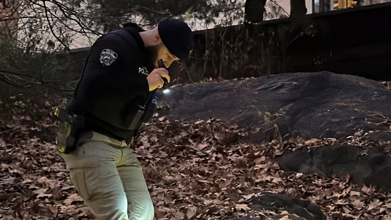 Policista z New Yorku prochází křovím a listím v Central Parku poblíž 64th Street a Central Park West, pátek 6. prosince 2024, v New Yorku, zatímco pátrá po batohu, o kterém se policie domnívá, že ho v parku shodila podezřelá osoba. o zabití generálního ředitele UnitedHealthcare Briana Thompsona ve středu 4. prosince 2024. (AP Photo/Ted Shaffrey)