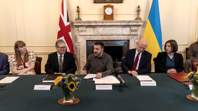 Ukrainian President Volodymyr Zelensky addresses an extraordinary meeting of the UK Cabinet at 10 Downing Street, London. Picture date: Friday July 19, 2024.