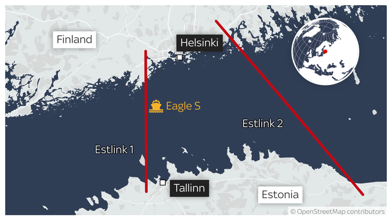 umístění Eagle S, tankeru obviněného z poškození podmořských kabelů mezi Estonskem a Finskem