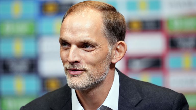 Thomas Tuchel během své tiskové konference na stadionu Wembley.  Obrázek: PA