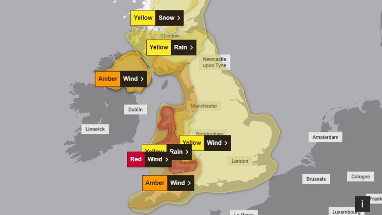 Met Office vydal červené varování před větrem. Obrázek: Met Office 