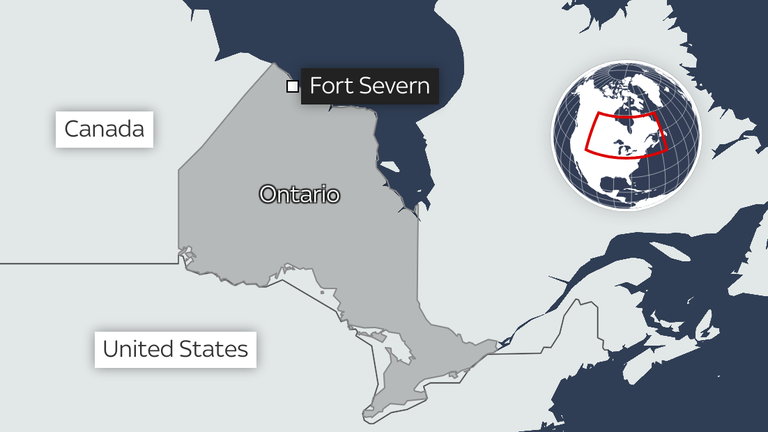 mapa znázorňující Fort Severn, místo útoku ledních medvědů dne 3.12.2024