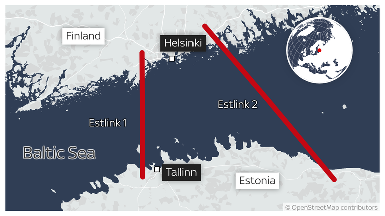 Mapa napájecích konektorů Estlink 1 & 2 mezi Estonskem a Finskem