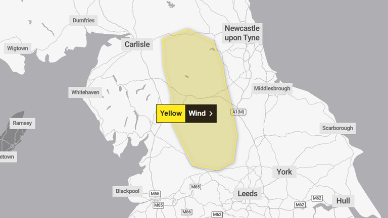 Žluté varování před větrem pokrývající oblast severní Anglie