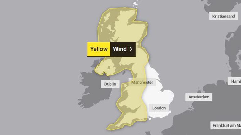 Nedělní žluté varování před počasím. Obrázek: Met Office