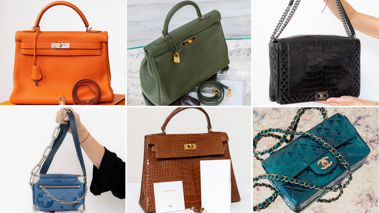 Některé kabelky, které byly ukradeny, zahrnují Hermes Vintage Kelly Crocoldile Bag z roku 1957 v hodnotě vyšší než 11 000 GBP (uprostřed dole) a mini obdélníkovou tašku na patent Chanel v hodnotě vyšší než 5 000 GBP (vpravo dole). Fotky: Eveyspremiled