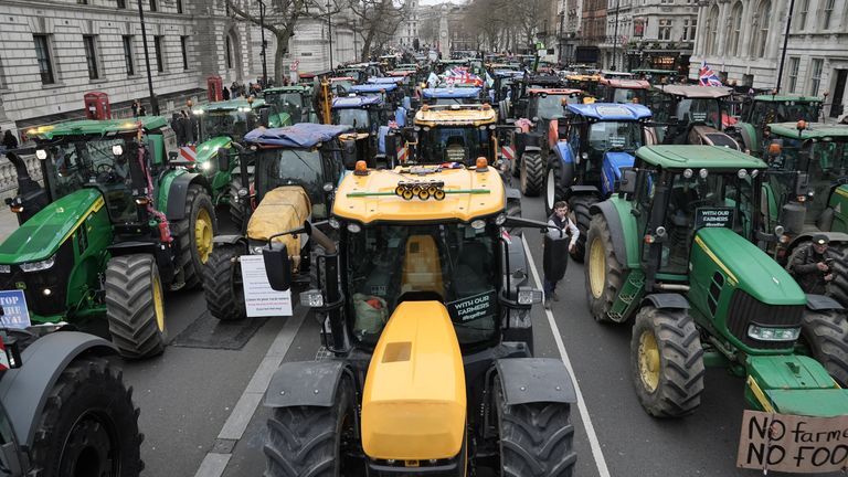 Traktory zaparkované na Whitehallu během protestu farmářů ve Westminsteru.  Obrázek: PA