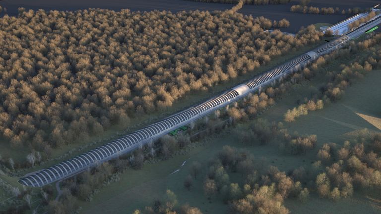 Nedatovaný obrázek umělce vydaný HS2 na ochranu proti netopýrům Sheephouse Wood, který bude probíhat asi jeden kilometr (0,6 míle) podél dřeva a vytvoří bariéru umožňující netopýrům překročit vysokorychlostní železnici HS2, aniž by je ovlivnily projíždějící vlaky . Datum vydání: čtvrtek 7. listopadu 2024.