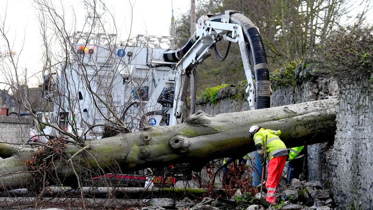 Pracovníci zkoumají padlý strom, který narazil na zdi Phoenix Parku a dále na Blackhorse Avenue v Dublinu.  Pic: Pa