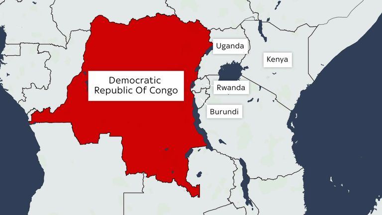 Mapa demokratické republiky Kongo (DRC) ukazující sousední země. 