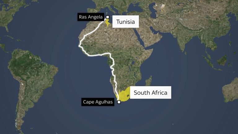 Trasa Russ Cooka, když se stává první osobou, která provozuje délku Afriky