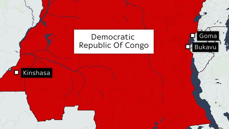 Mapa DRC ukazující Goma, Bukavu a Kinshasa