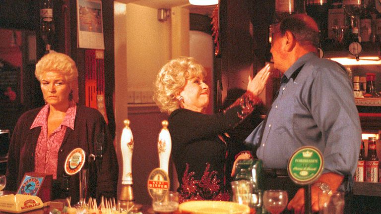 Pam St Clement as Pat , Barbara Windsor as Peggy and Mike Reid as Frank,, as Pat and Frank's affair was revealed in EastEnders. Pic: BBC/Adam Pensotti 2000