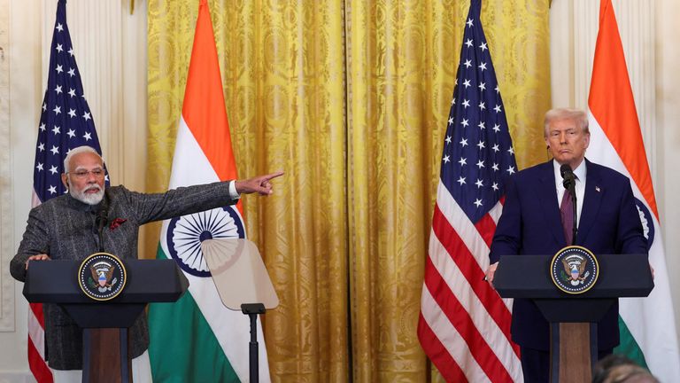 Indian Prime Minister Narendra Modi points at Donald Trump during a press conference at the White House on 13 February. File pic: Reuters