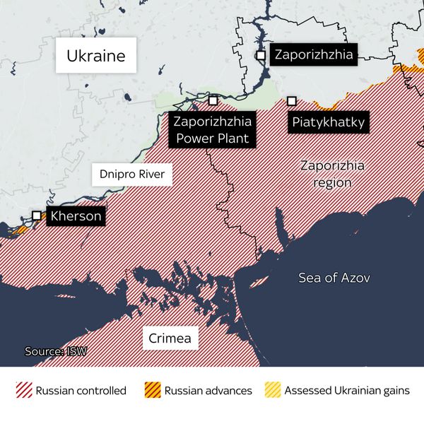 Mapa ukazující elektrárnu Zaporizhzhia a další oblasti v regionu