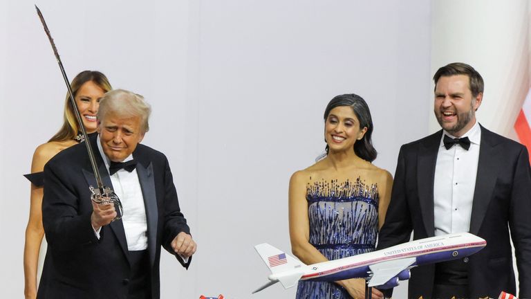 U.S. President Donald Trump, first lady Melania Trump, U.S. Vice President JD Vance and his wife Usha Vance attend the Commander in Chief Ball in honor of Trump's inauguration in Washington, U.S., January 20, 2025. REUTERS/Daniel Cole