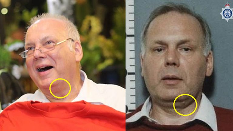 Fotografie „Petera Smitha“, vlevo a Richard Burrows ukazuje výraznou značku, která pomohla dokázat, že jsou stejný muž. Pic: Cheshire Police