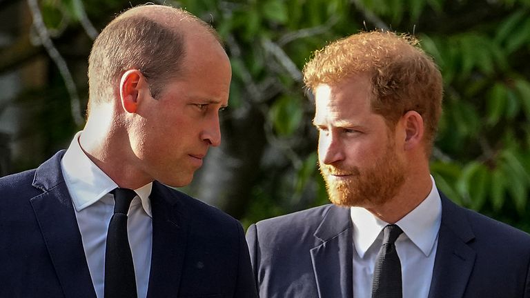 SOUBOR - Britský princ William a Britský princ Harry Harry chodí vedle sebe poté, co si prohlédli květinové pocty za pozdní královnu Elizabeth II mimo hrad Windsor, ve Windsoru v Anglii 10. září 2022. (AP Photo/Martin Meissner, soubor)