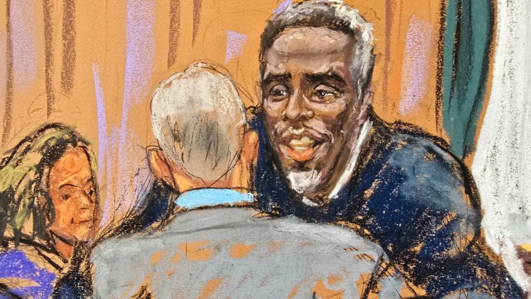 Sean 'Diddy' Combs přijal své právníky, než se do svého procesu obchodování s lidmi v New Yorku rozběhl dotazování poroty. Náčrt: Reuters/Jane Rosenberg