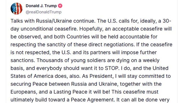 Trump vyžaduje příměří. Pic: Pravda sociální