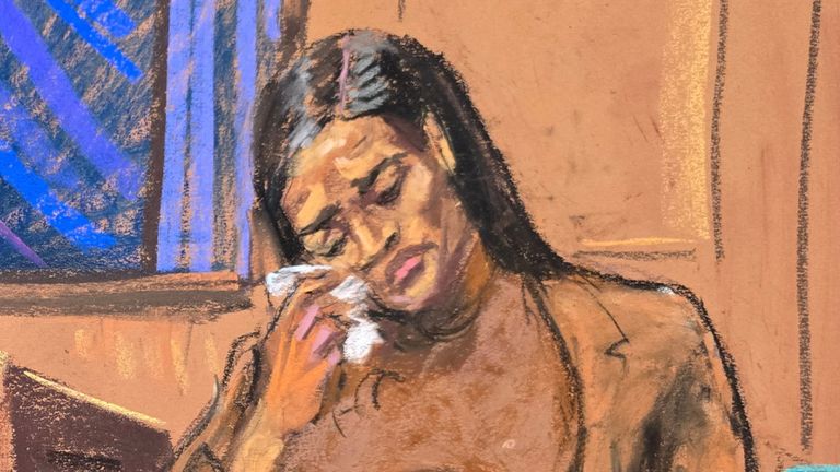 Sean "Diddy" Combs sleduje jako bývalá přítelkyně Casandra "Cassie" Ventura reaguje během svědectví na státní zástupce Emily Johnson na Combs 'Sex Trasicking Trial v New Yorku v New Yorku, USA, 13. května 2025 v této náčrtu soudní síně. Reuters/Jane