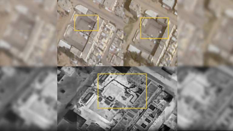 Podobné tvary viditelné na nádvoří školy Gazy. Horní řádek: 8. května (vlevo) a 3. dubna. Spodní řádek: 13. května. PIC: IDF/Planet Labs PBC