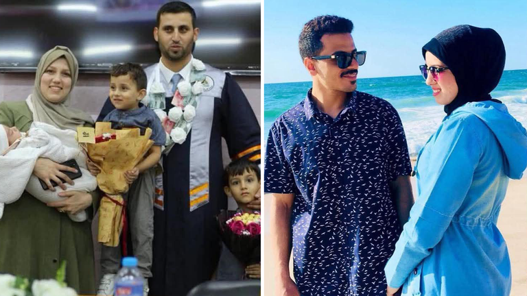 Získáno přes Rosabel Crean z SN pro stůl:[LEFT] Journalist Ahmed Al-Zenati, his wife Noor Al-Madhoun and their children Mohammad and Khaled were tragically slaughtered last night in an Israeli airstrike that hit their displacement tent in Khan Younis  (RIGHT) Journalist Nour Qandil, her husband Khaled Abu Seif, and their young daughter were all killed in an Israeli airstrike on their home in Deir Al-Balah, central Gaza, according to local sources