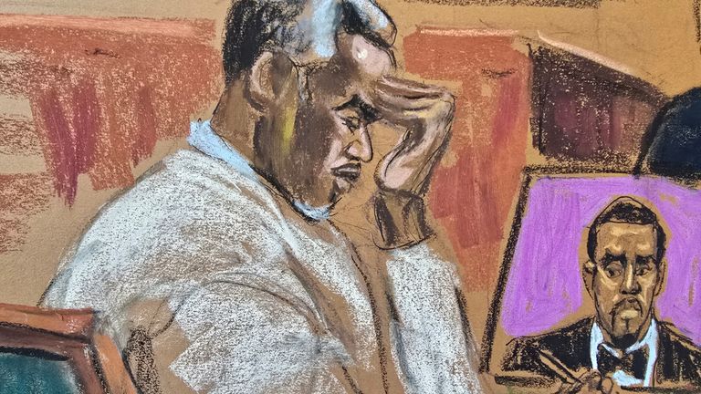 Sean "Diddy" Combs poslouchá, jak George Kaplan (nevidíte) svědčí při soudním řízení Combs 'Sex obchodování v New Yorku v New Yorku, USA, 21. května 2025 v této náčrtu soudní síně. Reuters/Jane Rosenberg