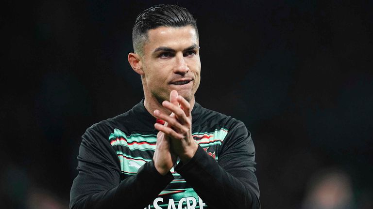 23. března 2025: Cristiano Ronaldo z Portugalska se dívá během hry UEFA Nations League, Portugalsko vs Dánsko, na Jos .... Alvallade Stadium, Lissabon, Portugalsko. Ulrik Pedersen/CSM (kreditní obrázek: .. Ulrik Pedersen/Cal Sport Media) (Cal Sport Media prostřednictvím AP Images)