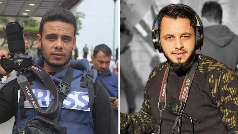 Získáno přes Rosabel Crean z SN pro stůl:[LEFT] Novinář Abdel Rahman al-Abadleh byl zabit v izraelském leteckém úderu ve městě Al-Qarara v jižním Gaze. Zmizel dva dny a teprve dnes ráno byl jeho osud potvrzen[RIGHT] Novinář Aziz Al-Hajjar, jeho manželka a jejich děti byli zabiti v izraelském leteckém úderu v sousedství Bir Al-Naaja v severní Gaze