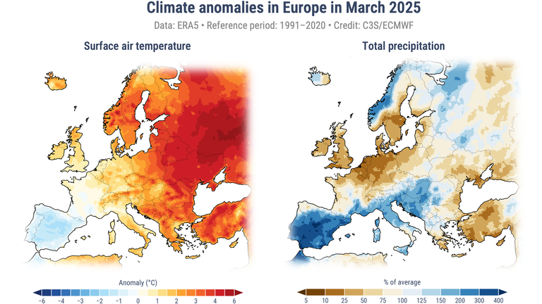 Teplo bylo v březnu v Evropě rekordně vysoké, zatímco jih od kontinentu byl mnohem vlhčí než průměrný a severní suchší. Zdroj: Copernicus Climate Change Service