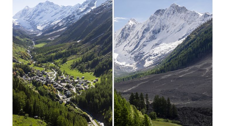 Tento kombinovaný obrázek ukazuje, že vesnice Blatten fotografovala v neděli 18. května 2025, vlevo, a pohled zachycený jeden den po masivní lavini z trosek spuštěných kolapsem břízy ledovce, zametá se do údolí a demolovaný velkými částmi vesnice Blatten, ve čtvrtek, květen, 2025.