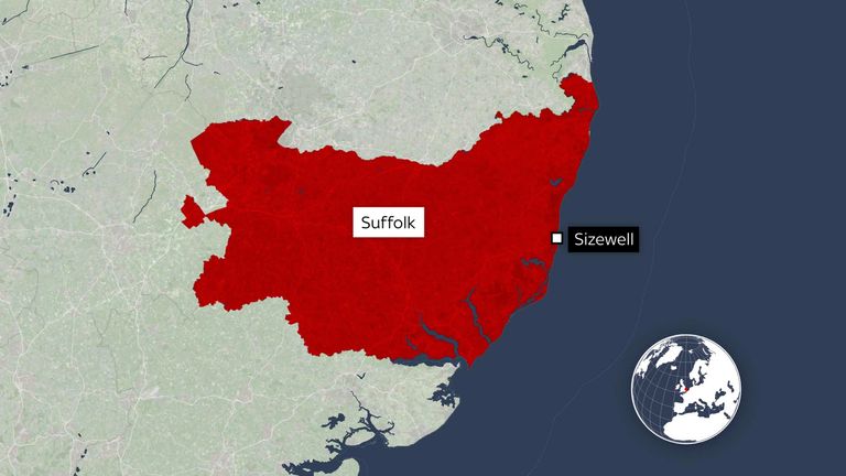 Mapa ukazuje Sizewell v Suffolku na východě Anglie